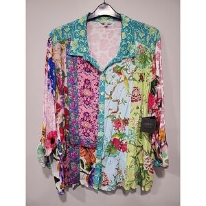 John Mark NWT Blouse Womens 2X Button-up Long Sleeve Tunic Top Birds & Flowers